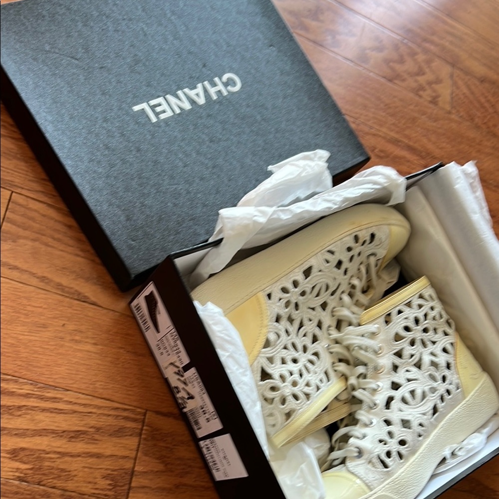 Chanel White and Cream High-Top Sneakers